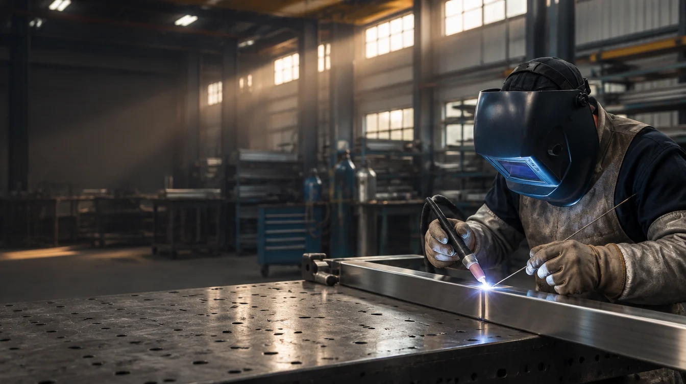 A welder TIG-welding a stainless assembly